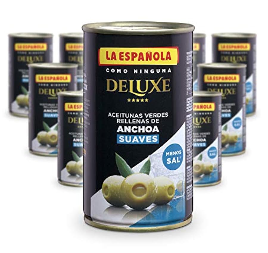 La Española - Aceitunas Rellenas de Anchoa Sabor Deluxe I Pack de 12 Unidades Aceitunas Rellenas Deluxe I 150 Gr OhTQUQrc