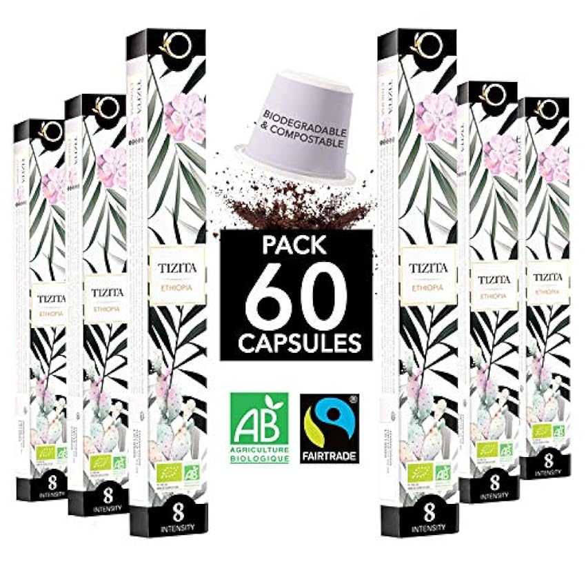 Capsulas Nespresso Compatibles | Capsulas cafe ECOLÓGICAS Arabica FAIRTRADE Biodegradables | TIZITA Single Origin Etiopía (Moka), 60 capsulas de cafe | Torrefacción Artesanal liYjIniB