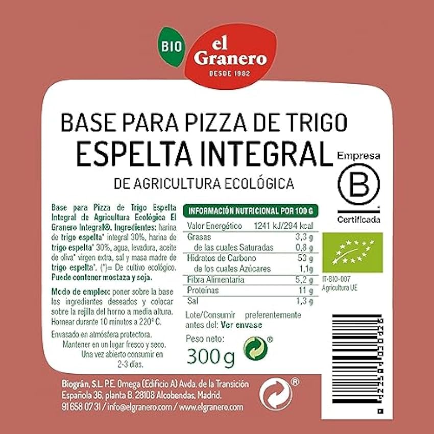 El Granero Integral - Bases de Trigo Espelta Integral para Pizza BIO - 2 Und. 300 g - Alto Contenido en Fibra y Nutrientes Esenciales - Niveles Calóricos Bajos - Aptas para Veganos gcKu0tVT