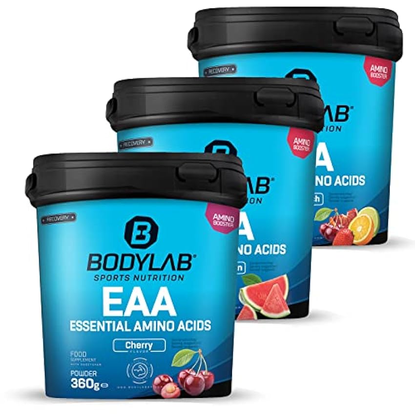 Bodylab24 EAA Essential Amino Acids Cereza 360g, 8 aminoácidos esenciales en altas dosis, todos los BCAA y EAA incluidos, vitamina B6, EAA en polvo, regeneración y construcción muscular o2g75JSZ