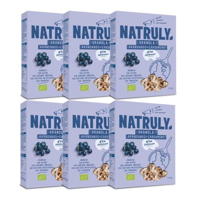 NATRULY Granola BIO Sin Azúcar Refinado, Sin Gluten, Solo Frutos Secos y Semillas, Sin Cereales, Sabor Arándanos - Pack 6x325g KX77ispX