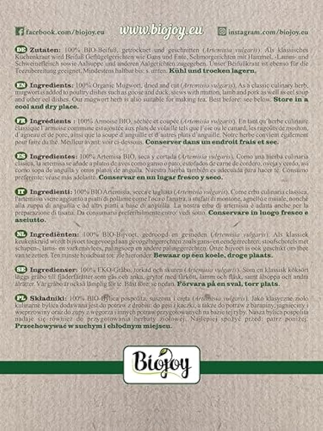 Biojoy Artemisa BÍO (250 gr), seca y cortada, ideales para Infusión de Artemisa (Artemisia vulgaris) JLxdGqZR