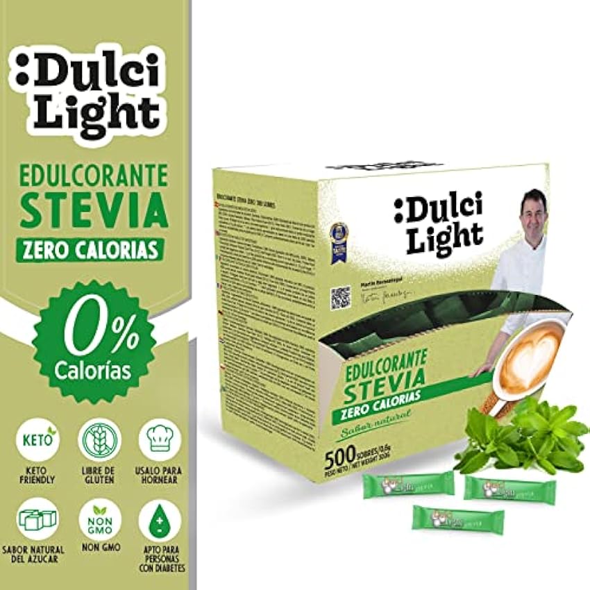 Edulcorante Stevia Zero DulciLight 500 Sobres 0% Calorias | Endulzante de Stevia Granulado 100% Natural |1gr = 10gr de azúcar| Stevia pura en sobres con Fibra Vegetal | Sustituto del azúcar JPfeSEyh
