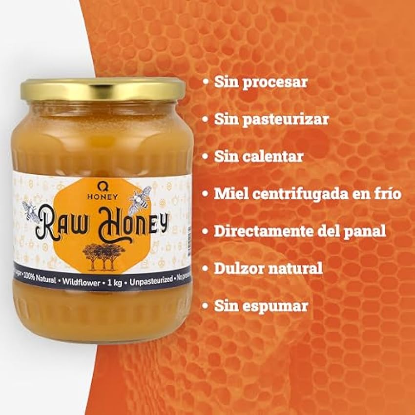 Q-Honey Miel de Abeja Pura, Miel Cruda, 100% Miel Pura Natural Honey Sin Filtrar Sin Azúcar, Alta Concentración de Minerales 1kg Tarro de cristal IOjDG7V1