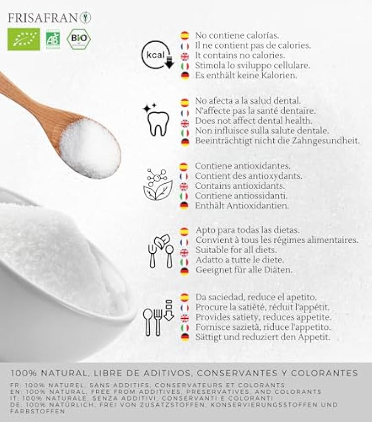 FRISAFRAN - Erithritol Ecológico | 0 calorias | Antioxidante natural | Sutituto natural del azucar refinada | Origen China - 1Kg HtpagnfH