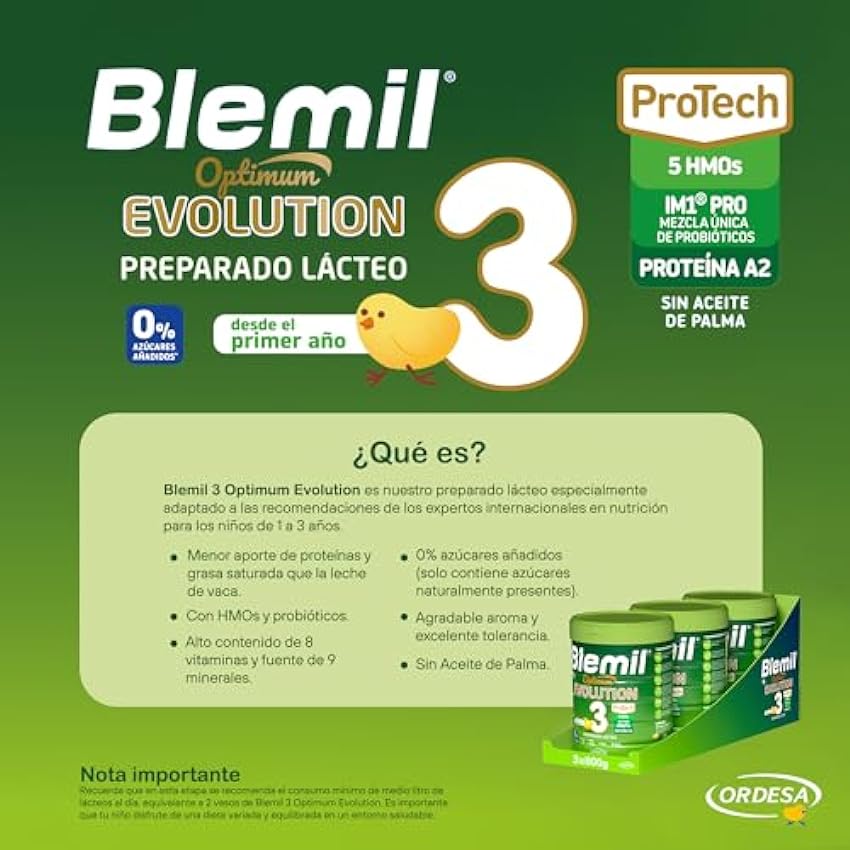 Blemil 3 Optimum Evolution 3PACK - Preparado Lácteo en Polvo para Niños de 1 a 3 años - 0% Azúcares Añadidos, sin Aceite de Palma - 3 Botes de 800g owynL2Pm