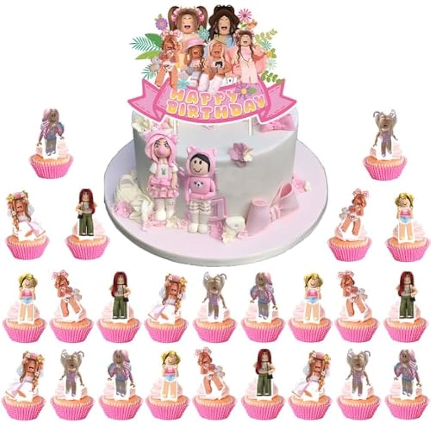 ZGCXRTO 25 piezas de decoración para tartas con temática de caja de arena rosa, Roblox rosa, decoración de pastel de cumpleaños para niña, decoración de fiesta de cumpleaños para niños GDqL59UN