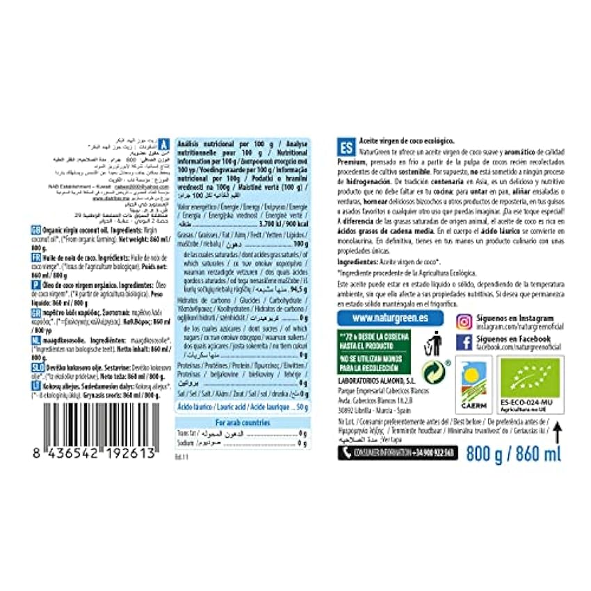 NaturGreen - Aceite de Coco Bio, Virgen Extra, Ideal para Cocinar, Hidrata Piel y Cabello, Ingredientes Naturales, Apto para Veganos - 860ml/ 800g, Pack 2 unidades flfL4uQ9
