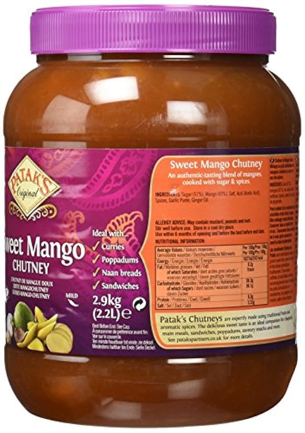PATAK´S - Chutney Mango Dulce, Salsa Picante, Suave y Dulce, Crema Untar de Frutas Exóticas y Vegetales, Comida India - 2900 g MHKPXxAq