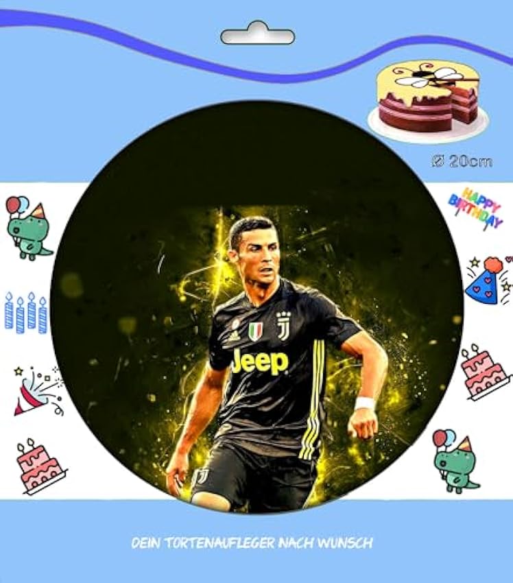 Decoración para tarta de cumpleaños con diseño de fútbol, decoración comestible para tartas, diámetro de 20 cm, FONDANT Ronaldo Fútbol n.º 29 km5N2s0u