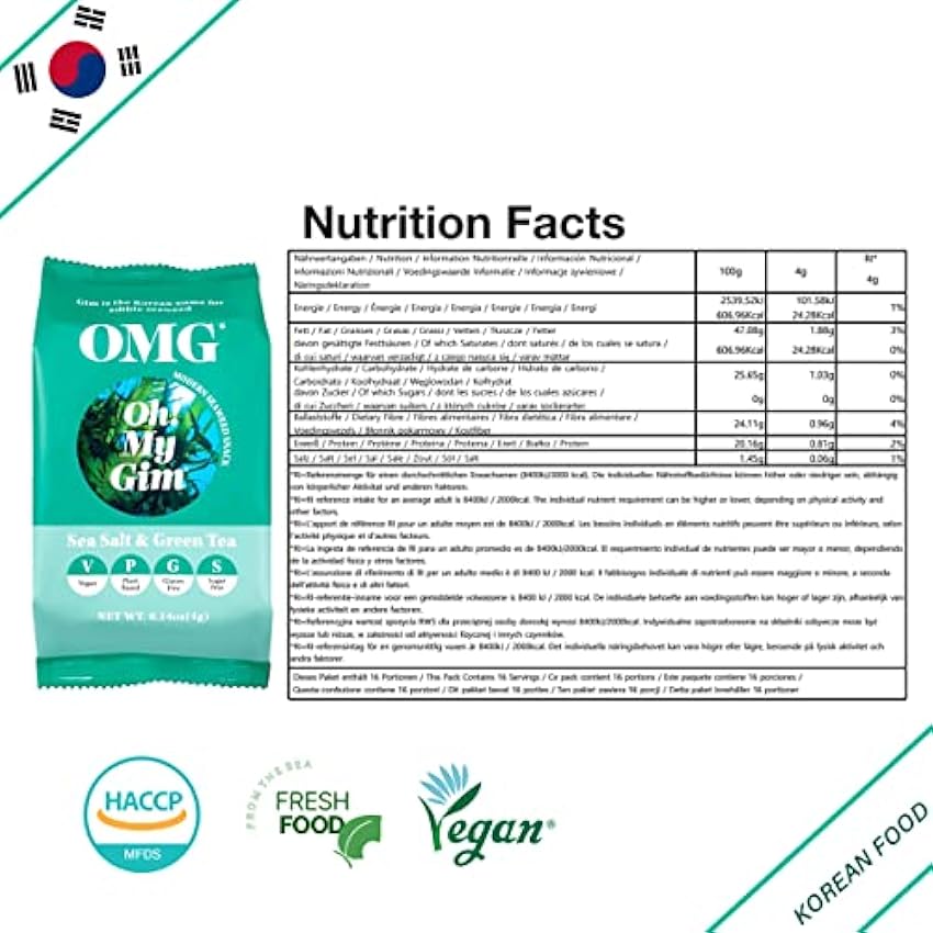 [16 Pack] Oh! My Gim Snack Crujiente De Algas, Alga nori tostada, Alga Nori Tostada, País de origen: Corea del Sur, Snack de Alga Nori, Snack crujiente de Alga, bocadillos saludables, merienda corean p4Jyl4Pz