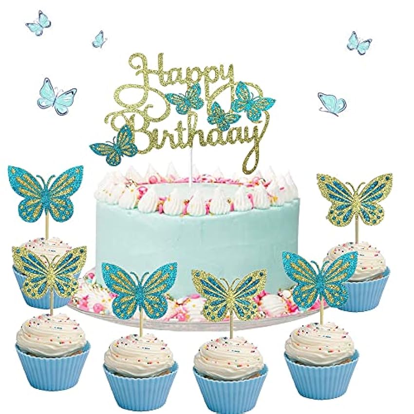 ENYACOS Decoración para tarta de niña con mariposa y mariposa, decoración para tarta de cumpleaños, decoración para tartas, mariposas, Happy Birthday pastel de purpurina mariposa para tarta (B). NXawJB9v