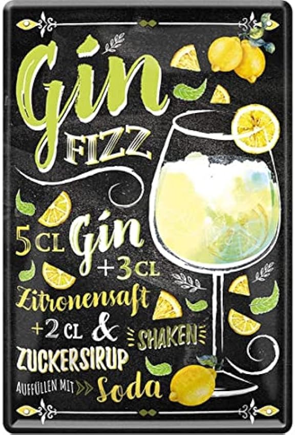 Cartel de chapa 1056 con receta de gin fizz para cócteles, zumo de limón, jarabe de azúcar, soda, 20 x 30 cm, para bar, fiesta, sótano, decoración gkCVPNr3