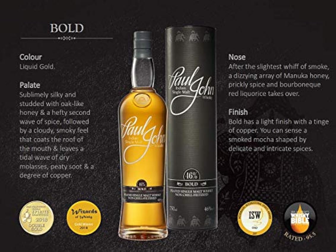 Paul John BOLD Peated Indian Single Malt Whisky 46% Vol. 0,7l in Giftbox jrhAPDkR