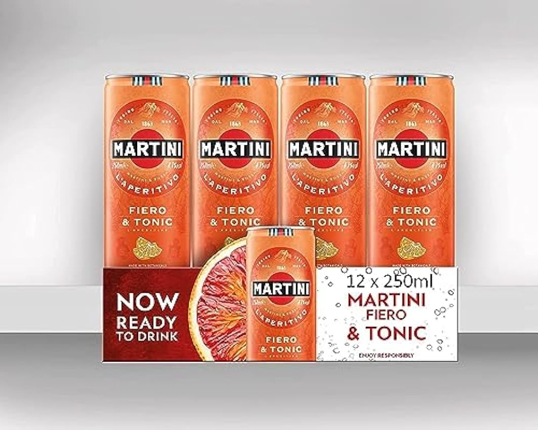 MARTINI Fiero & Tonic Bebida Pre-Mezclada, Cóctel Listo para Beber, 4,7% ABV, 12 x 25cl / 250ml lcutXdwk