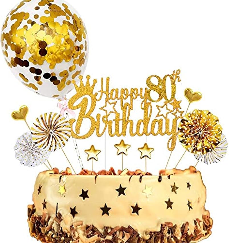 ENYACOS Decoración para tarta de cumpleaños para 80 cumpleaños, diseño de corazones dorados (oro 80) gB4F3eTq