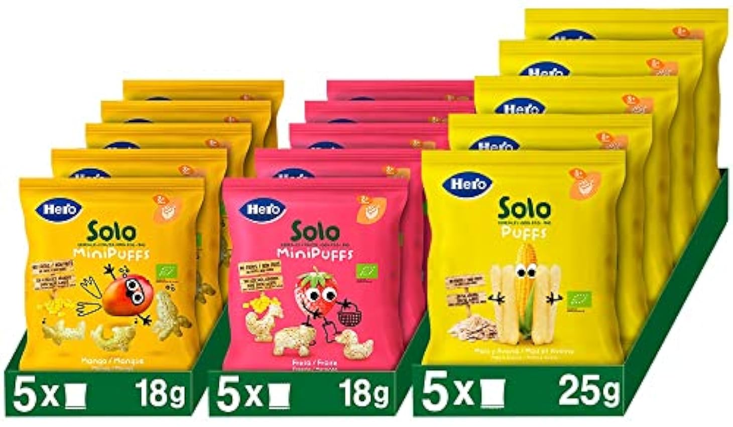 Hero Solo Snacks Infantiles Ecológicos, con Ingredientes Naturales, Sanos y Saludables - 5 Snacks de Fresitas, 5 Snacks de Mango y 5 Snacks de Maíz y Avena - Total 15 Bolsitas Nz7MCCQP