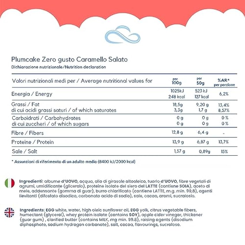 Nuvola Zero – Plumcake Zero Sabor Caramelo Salado Sin Carbohidratos, Snacks Sin Lactosa, Sin Azúcar, Sin Gluten, Rico en Fibra, Pack de 3, Made in Italy IRBeY5eF