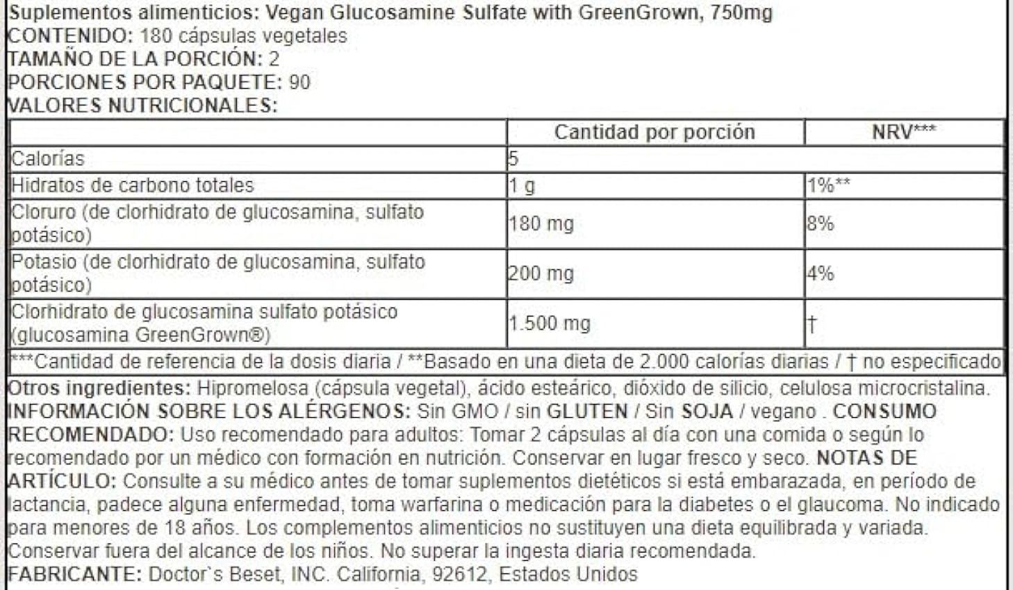 Doctor´s Best Glucosamina Vegana Sulfato con GreenGrown, 750mg - Apoyo Articular Natural, 180 cápsulas vegetarianas lmlJ9VTq