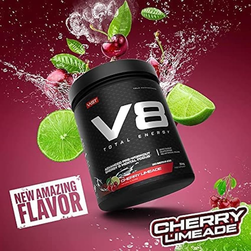 V8 Total Energy – Booster de entrenamiento – CarnoSyn®, BetaPower®, cafeína natural, vegana, sin azúcar, 20 porciones, fabricado en Alemania – Cherry Limeade O80rpX7G