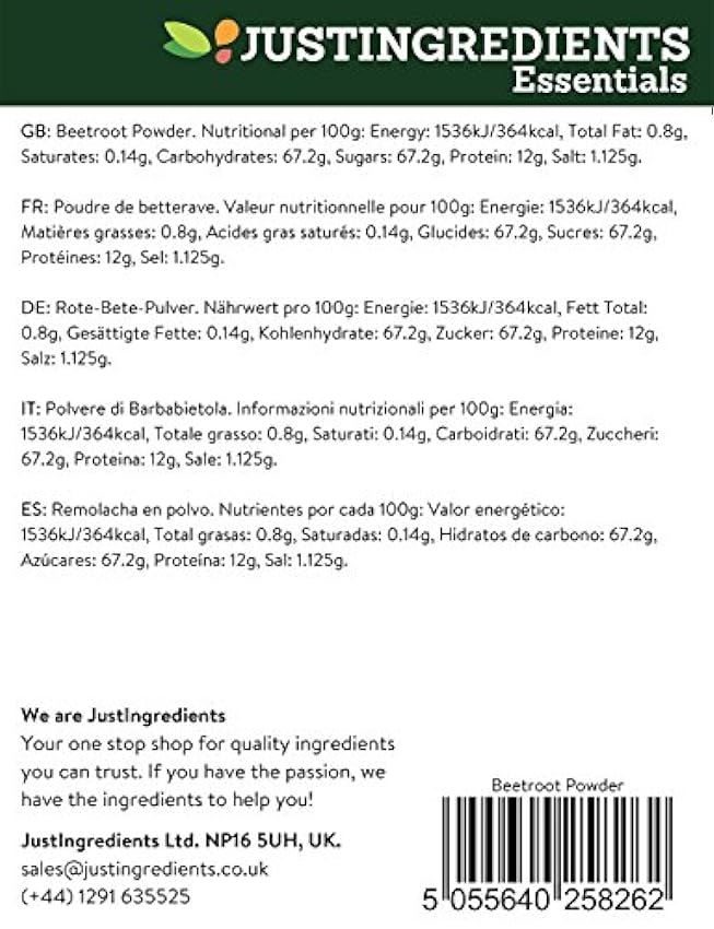 JustIngredients Essential Beetroot Powder Remolacha en Polvo - 5 Paquetes de 250 gr - Total: 1250 gr nhiKujaM