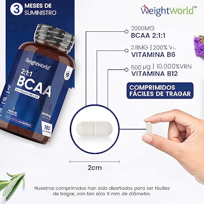 BCAA 2:1:1 Aminoácidos Esenciales 2000mg - 180 Comprimidos | Con Vitamina B12, B6 y Aminoácidos Ramificados L- Leucina, L- Isoleucina y L-Valina | Aptos para Veganos, Sin Gluten y Keto JU3oQ7qX