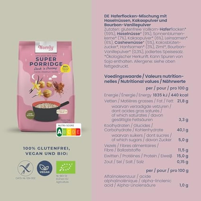 Nomly Super Porridge | Kakao, Haselnuss & Vanille | 4 x 280 g | Nährstoffreiche Haferflocken Mischung mit 30% Nüssen und Samen | 100% glutenfrei, vegan & bio (Alle Sorten Paket) OPNzwc43
