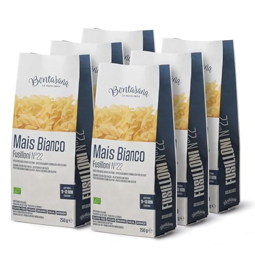 Bontasana · Fusilloni de maíz blanco, pasta naturalmente sin gluten, ecológica, Halal, Kosher, vegana, y envase sin plástico - 6 x 250 g, 1,5kg k3ANm8fB
