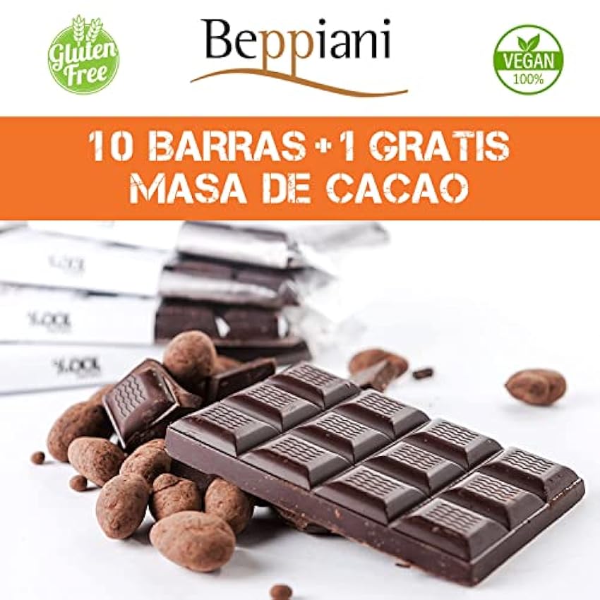 Beppiani 100% Masa de Cacao, Chocolate Artesano, vegano, sin azúcar, rico en antioxidantes, para dietas equilibradas - Set Made in Italy (10 + 1 gratis, Clásico) PaDM1U0Z