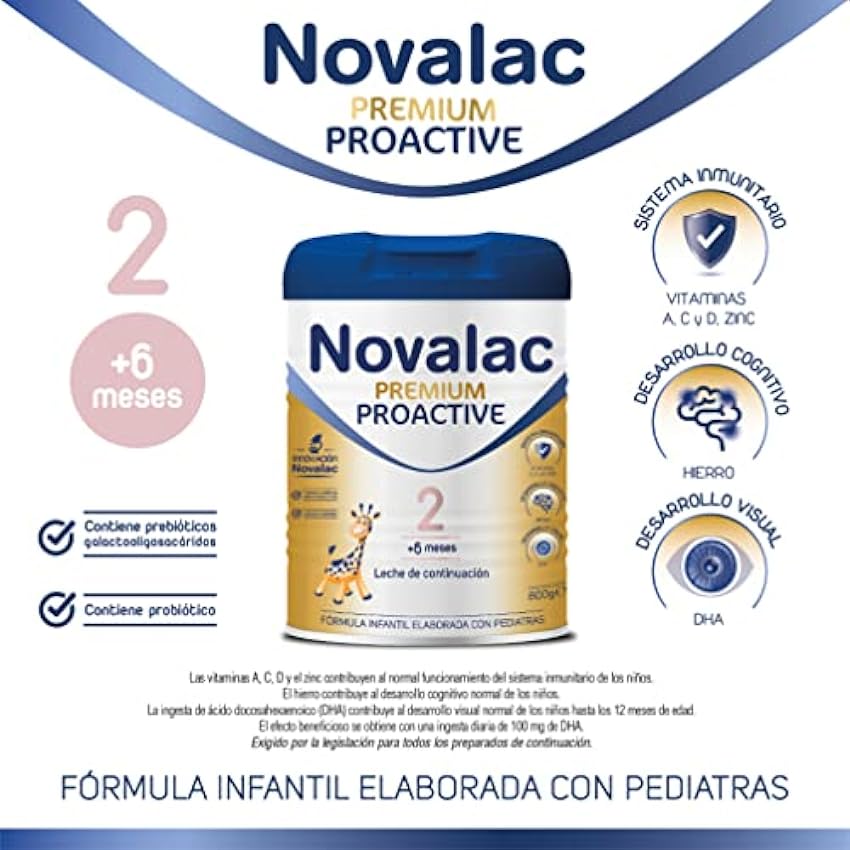 Novalac Premium Proactive 2 Leche Continuación 6-12 Meses. Contribuye Desarrollo Normal y Sistema Inmunitario del Bebé. Fórmula Elaborada con Pediatras con Hierro, DHA, Vit A, C y D - 800 g KwivpMp6