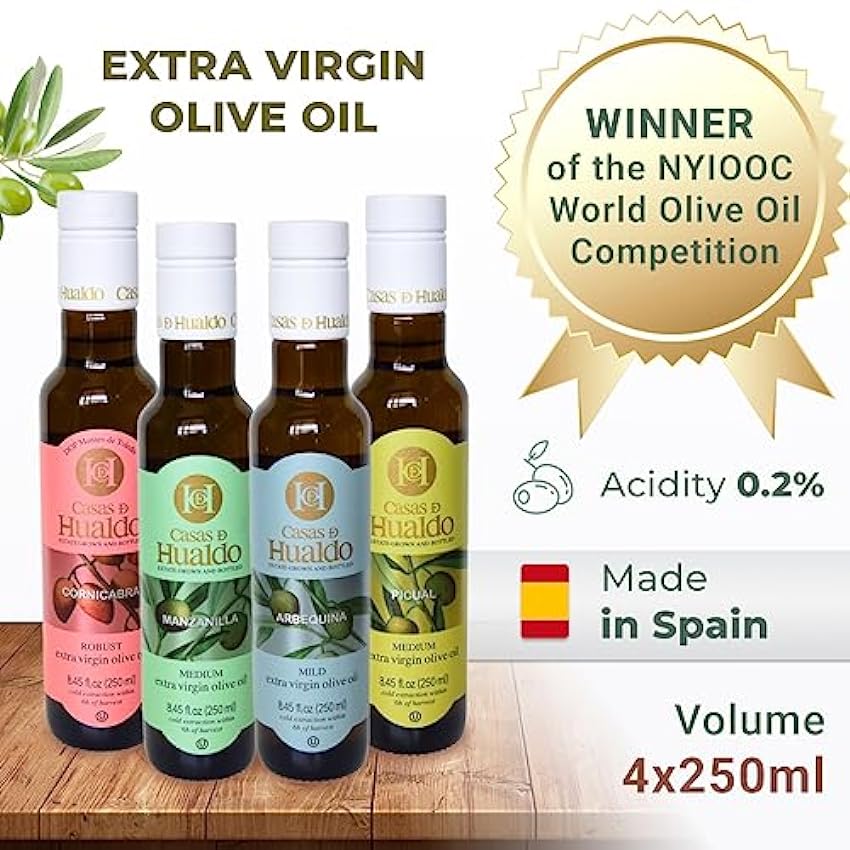 SET de regalo de aceite de oliva | 4 variedades: Picual Arbequina Cornicabra Manzanilla (4 x 250 ml) | Ganador del Premio Oro 2023 | Extra Virgin | Ideal para ensaladas, carne y aves | Espana Gourmet h2yU9KZt