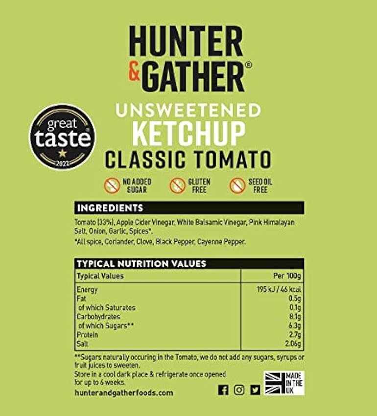 Hunter & Gather Salsa de ketchup sin azúcar | 2 x 350 g de ketchup clásico Keto, paleo, bajo en carbohidratos y vegano | Libre de azúcar y edulcorantes hR5rn11q