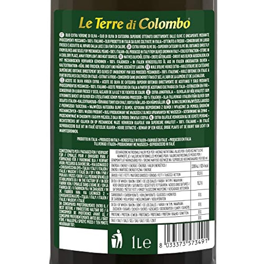 Le Terre di Colombo Aceite de Oliva Virgen Extra 100 % Italiano, Botella con Estrías y Tapón Mecánico, 1 L gLavHuYU