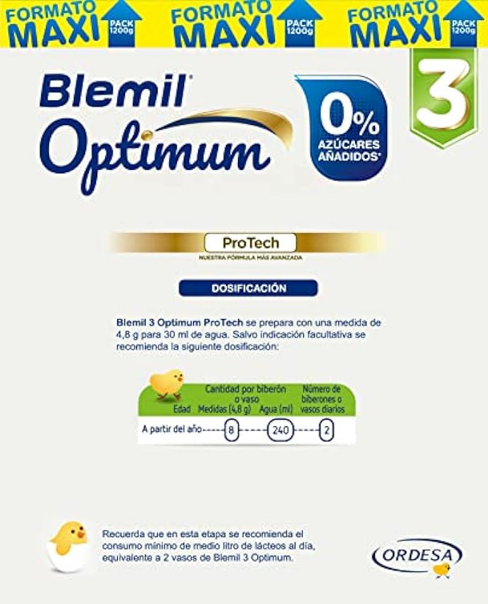 Blemil 3 Optimum ProTech 0% Azúcares añadidos - Preparado Lácteo en polvo, Desde los 12 meses, 1200 g OC6IcpzL