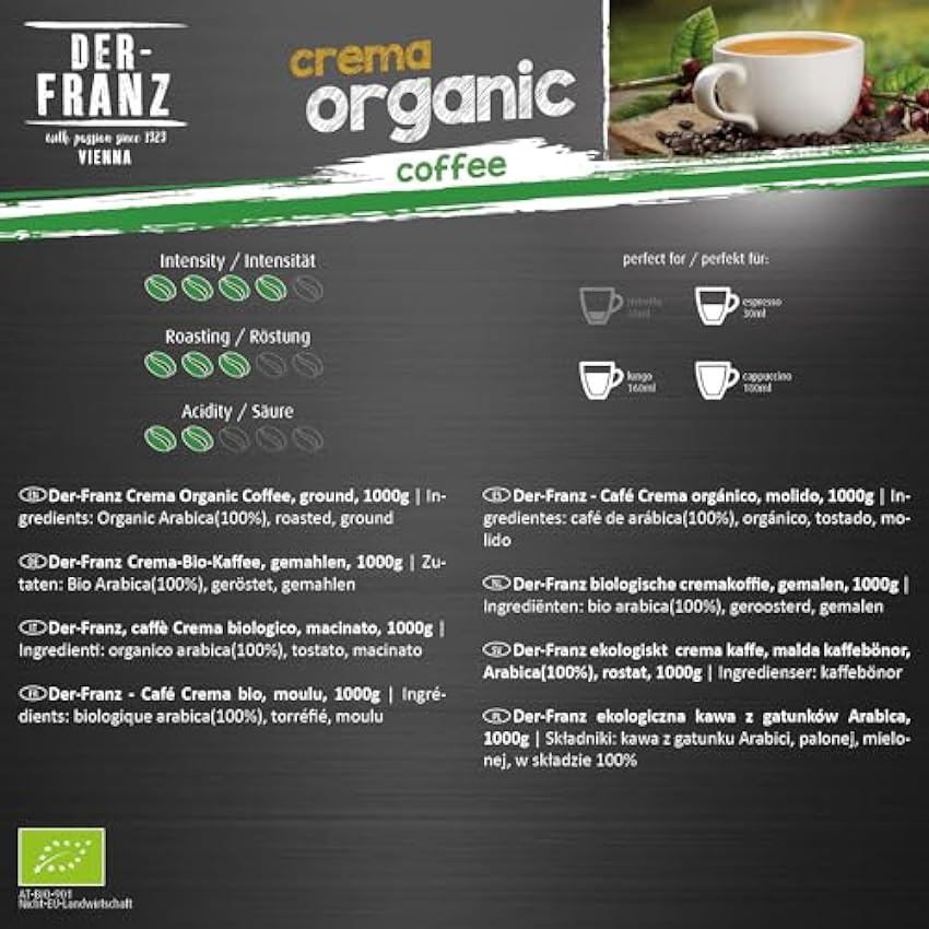 Der-Franz - Café Crema Organic con certificación UTZ, molido, 1000 g kiD8k1p2