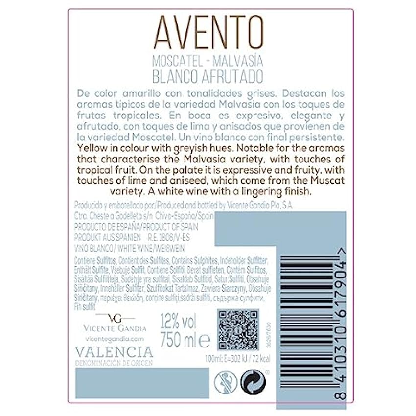 Avento Malvasía Moscatel Vino Blanco Afrutado 6 Botellas - 750 ml ITkV8wS6