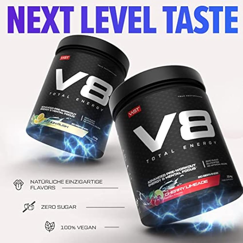 V8 Total Energy – Booster de entrenamiento – CarnoSyn®, BetaPower®, cafeína natural, vegana, sin azúcar, 20 porciones, fabricado en Alemania – Cherry Limeade O80rpX7G