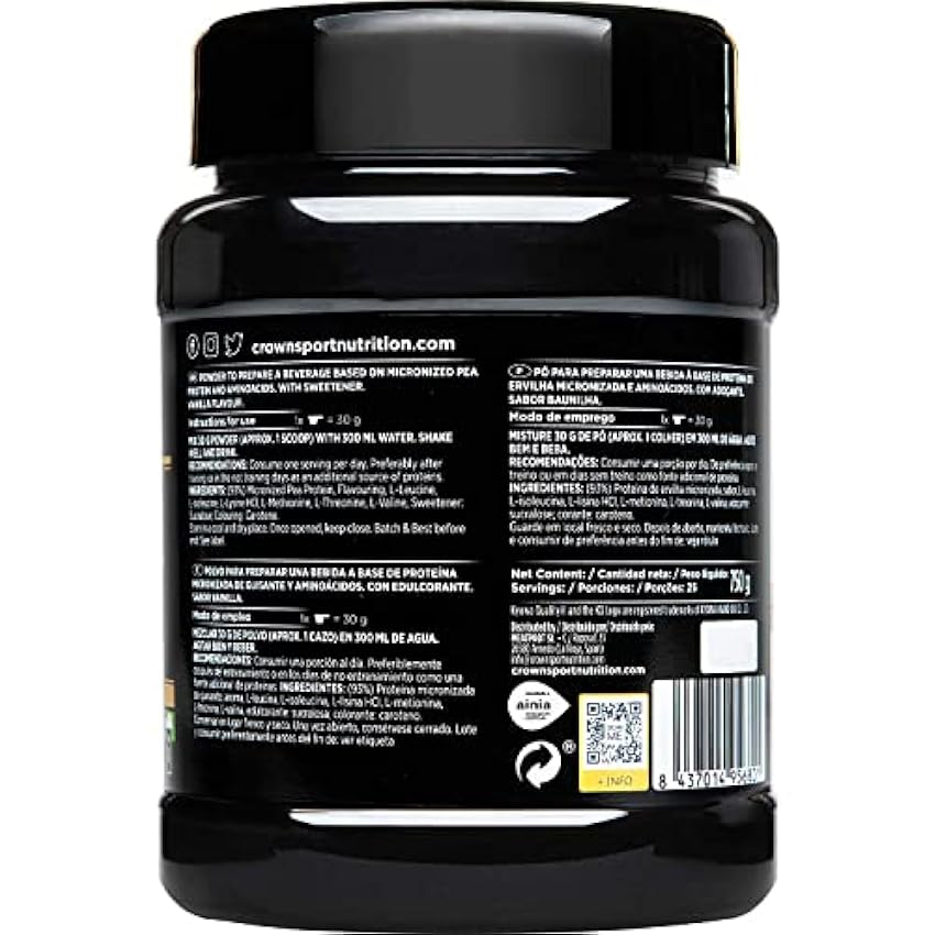 Crown Sport Nutrition Vegan PROtein+ – Proteinas micronizadas en polvo procedentes de guisantes con aminoácidos libre de alérgenos. Producto vegano. (Bote de 660g, sabor vainilla) LrhjpSEE