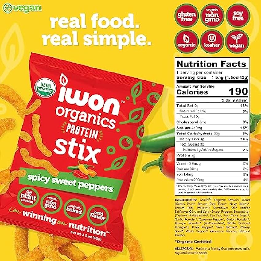 IWON Organics Spicy Sweet Protein Stix Flavor, High Protein and Organic, 8x42 (pack of 8) nS42o718