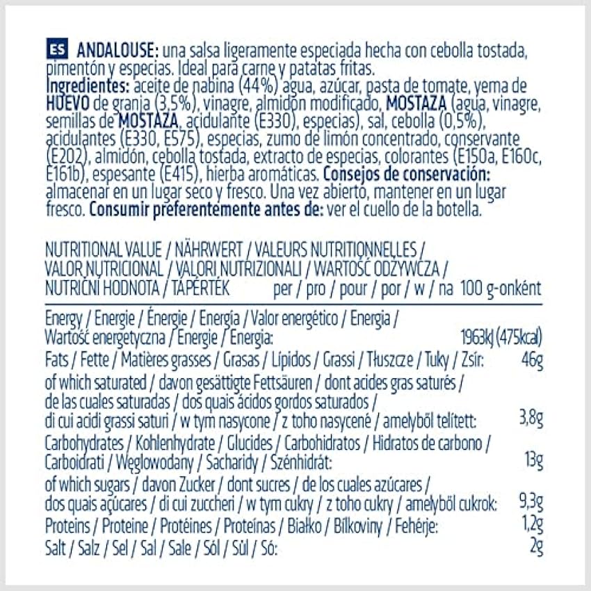 Andalouse - Salsa Especiada - Bote de 1 L- Ideal para Acompañar Carnes y Patatas - Producto Vegetariano y Sin Gluten - Delicioso e Intenso Sabor en tus Platos - Risso HckqU4e3