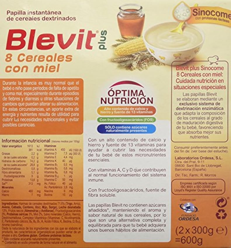 Blevit Plus Sinocome 8 Cereales con Miel - Paquete de 2 x 300 gr - Total: 600 gr msaLAYJ1