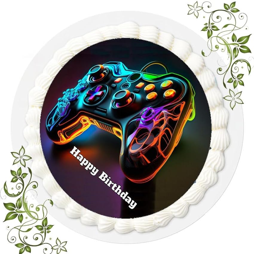 Decoración para tarta de cumpleaños con diseño de gamer, comestible para tartas, diámetro de 20 cm, diseño de jugador, color negro otM8T4eV