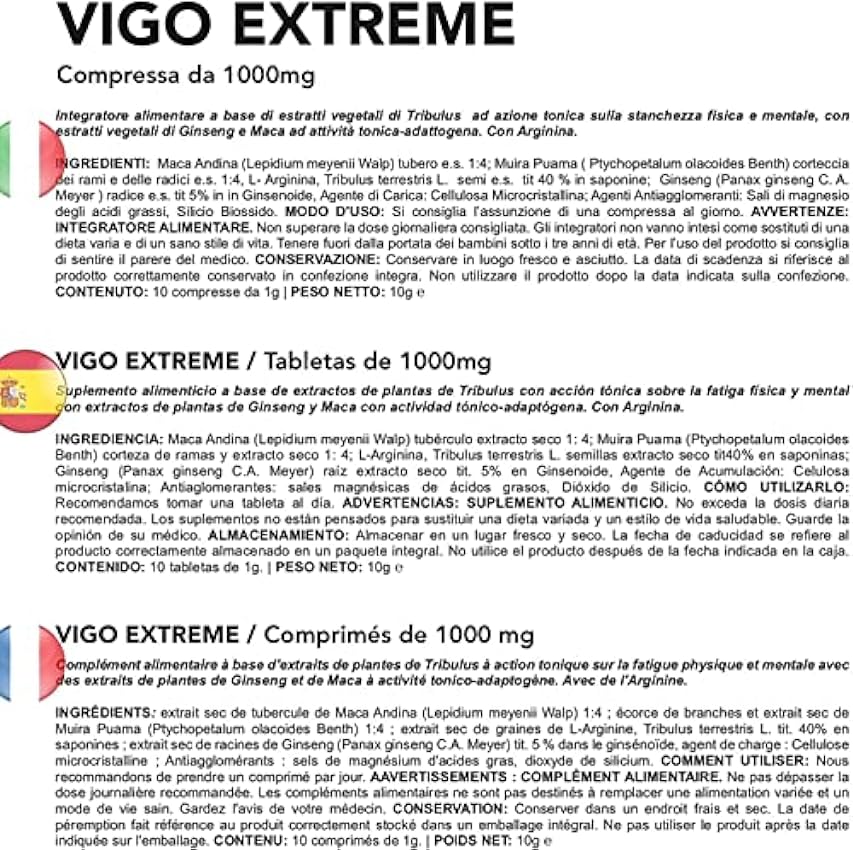VIGO EXTREME 1000 MG | 10 Cáps. Sin Ninguna Contraindicación | Energizzante Naturale con Tribulus, Maca, Muira Puama, Ginseng y L-Arginina en pastillas, para apoyo cardiovascular MtuSJNiR