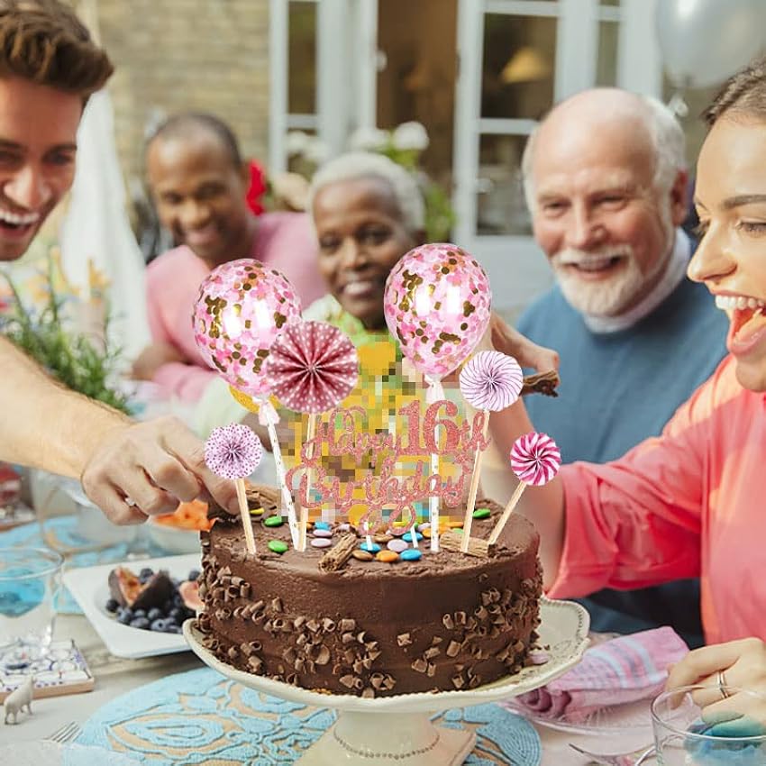 HCRXVV Decoración para tarta de cumpleaños rosa para niñas, decoración para tartas con purpurina, globos de confeti y abanicos de papel, decoración para tartas para cumpleaños (7 unidades) (16) pgxp7UD1