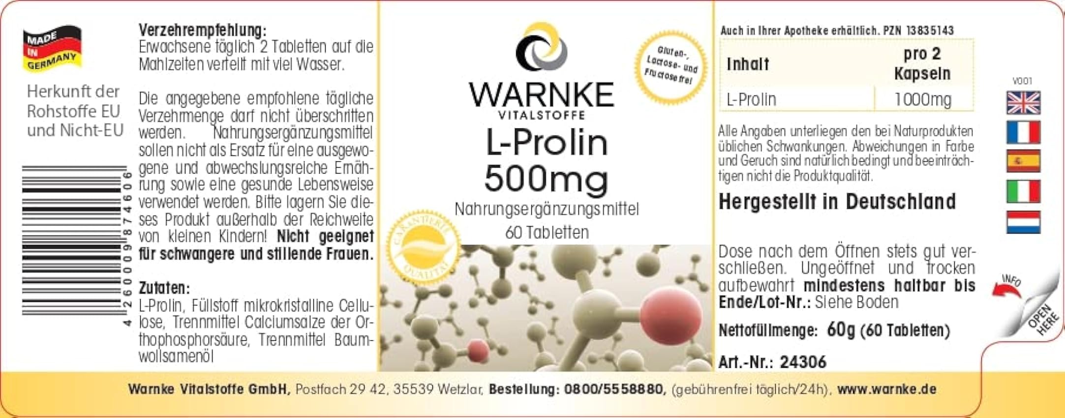 L-Prolina 500mg – Vegana – 60 comprimidos | Warnke Vitalstoffe PL9NRy2F