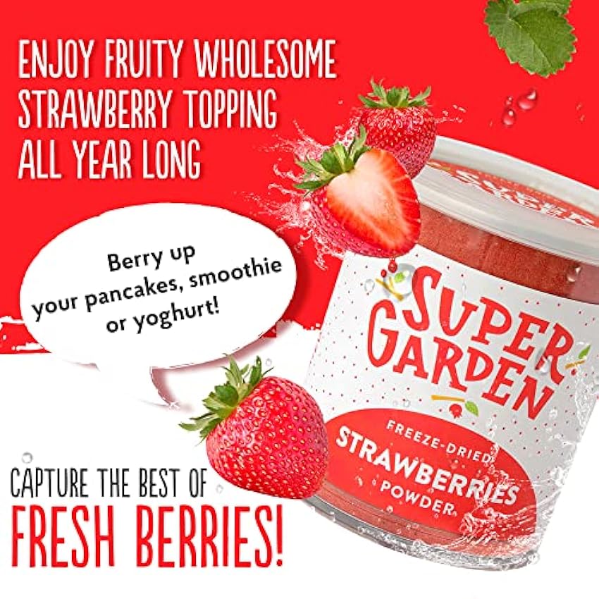 Super Garden fresa liofilizada en polvo - Producto 100% puro y natural - Apto para veganos - Sin azúcares, aditivos artificiales ni conservantes añadidos - Sin gluten - No OMG Gat1ByPg