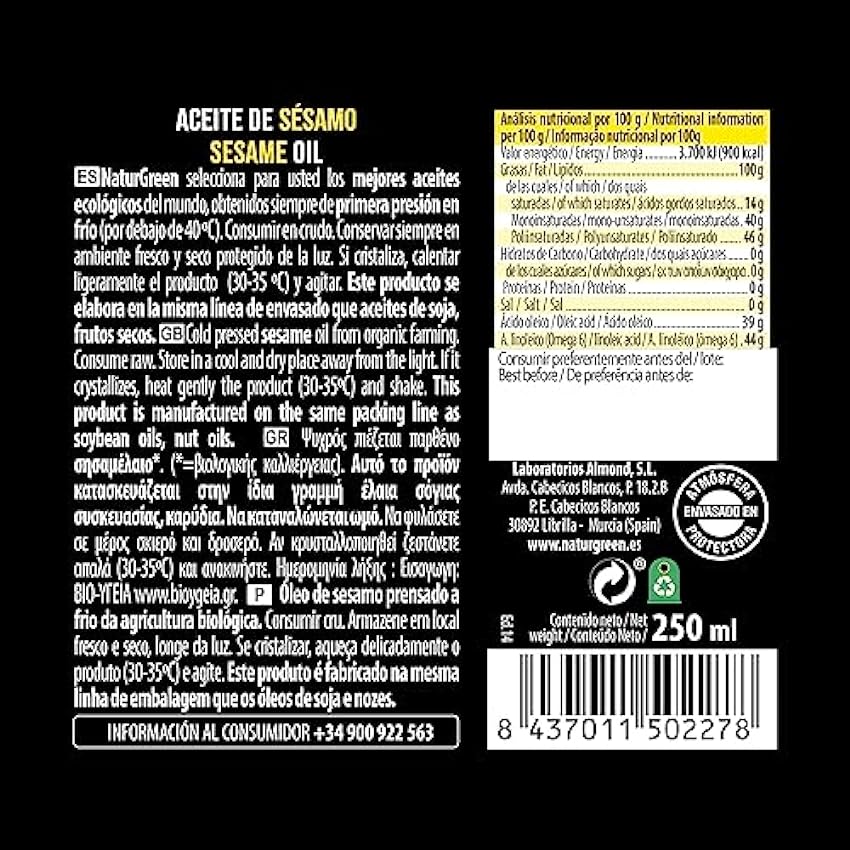 NaturGreen Aceite de Sésamo Bio de Primera Presión (502278), 250 Mililitros HvXa6A4y