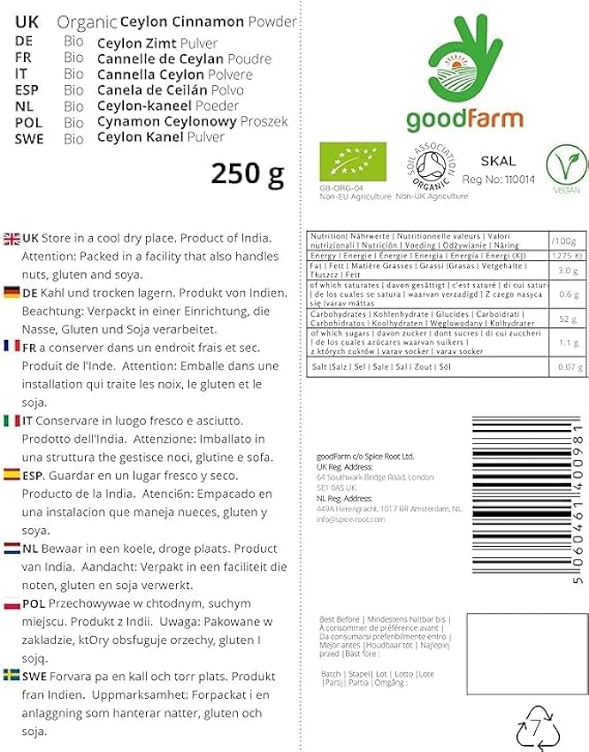 GoodFarm - Canela de Ceilán ecológica en polvo, 250 g jKMIfeZc