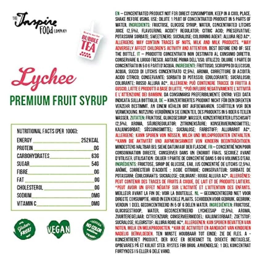 The Inspire Food Company | Sirope de Frutas para Bubble Tea - 300ml - Lichi - Sin colorantes artificiales - 100% Vegano y Sin Gluten p2OEbo14