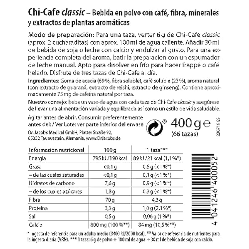 Chi-Cafe classic I 400 g de Bebida de Café en Polvo con Fibra Dietética de Acacia I Para una Buena Digestión¹ I con Hongo Reishi, Ginseng y Guaraná I Vegano, 66 tazas nckcBRko